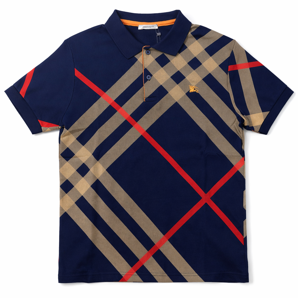 Tricou Polo Navy cu Carouri supradimensionate și Accent Roșu