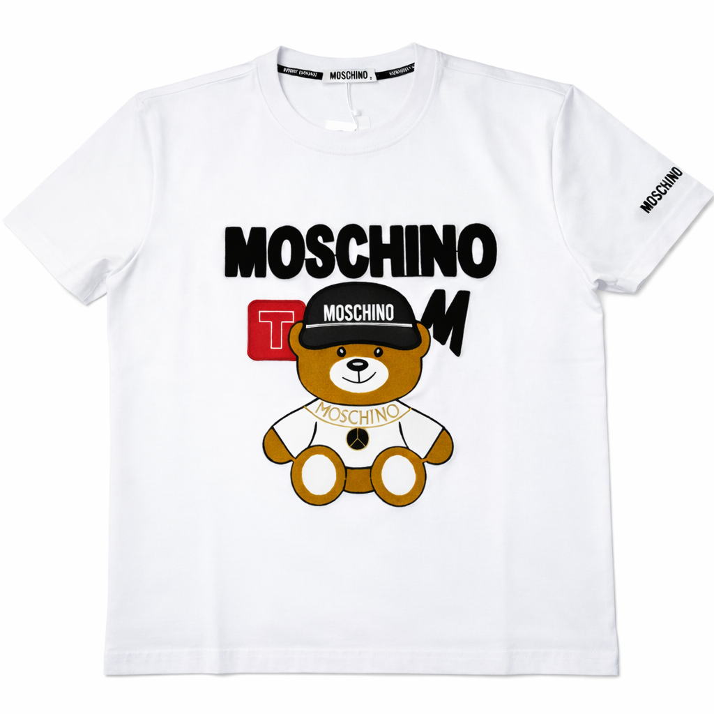 Tricou "Playful Bear" – Alb Optic, Bumbac cu Detalii Color-Block