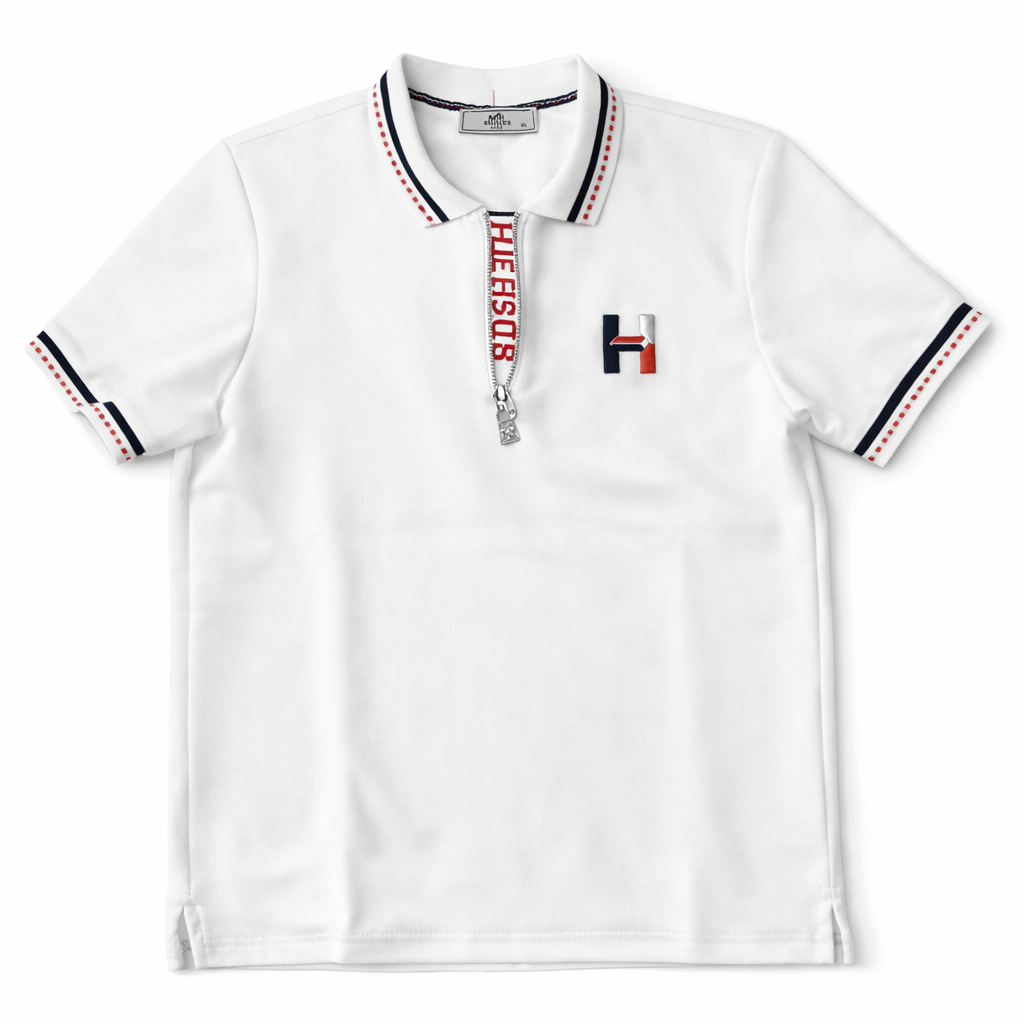 Tricou Polo White cu Fermoar și Accente Tricolore