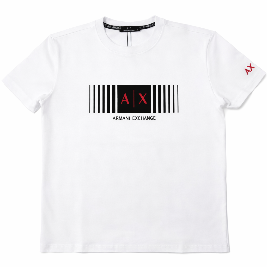 Tricou "Vertical Logo Stripe" – Alb, Bumbac Premium cu Design Tipografic