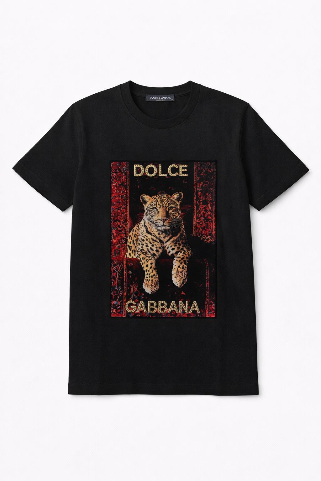Tricou Premium „Leopard Majesty” – Negru cu Imprimeu Artistic și Detalii Aurii