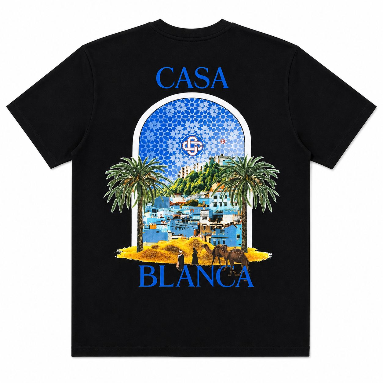 Tricou Negru Premium din Bumbac – Imprimeu Grafic "Oază Tropicală" cu Design Arhitectural