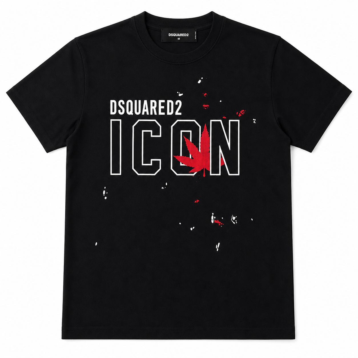 Tricou Streetwear Negru Premium – Imprimeu Grafic "ICON" cu Detalii Tip Stropi și Frunză Roșie