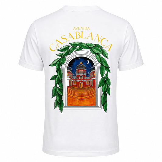 Tricou Alb Premium din Bumbac – Imprimeu Grafic "Avenida" cu Design Mediteraneean
