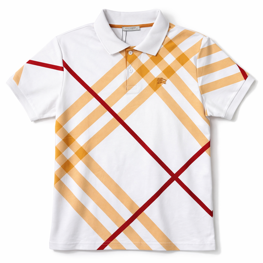 Tricou Polo White cu Carouri Diagonale și Accente de Galben-Ocru