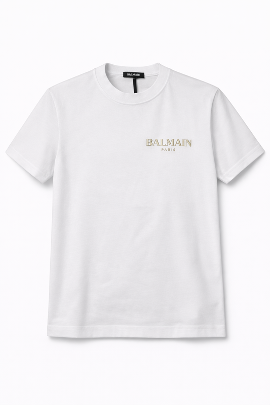 Tricou "Metallic Logo" – Alb, Bumbac Premium cu Logo Auriu