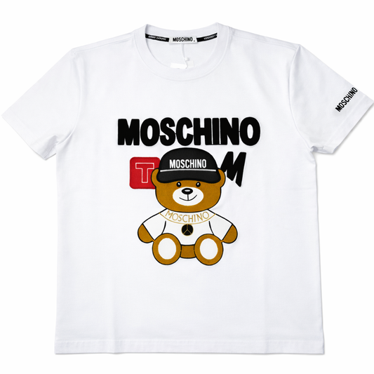 Tricou "Playful Bear" – Alb Optic, Bumbac cu Detalii Color-Block