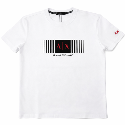 Tricou "Vertical Logo Stripe" – Alb, Bumbac Premium cu Design Tipografic