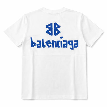 Tricou Alb Premium „Azure Geometry” – Oversized Fit cu Logo Grafic Albastru