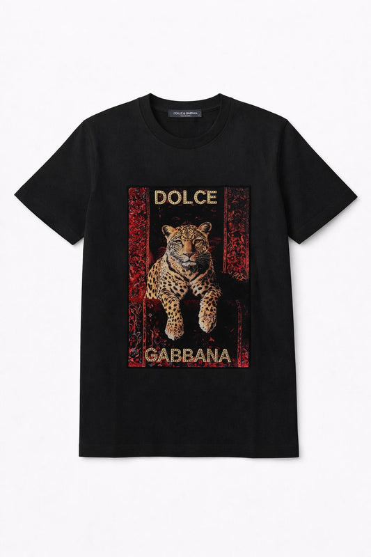 Tricou Premium „Leopard Majesty” – Negru cu Imprimeu Artistic și Detalii Aurii