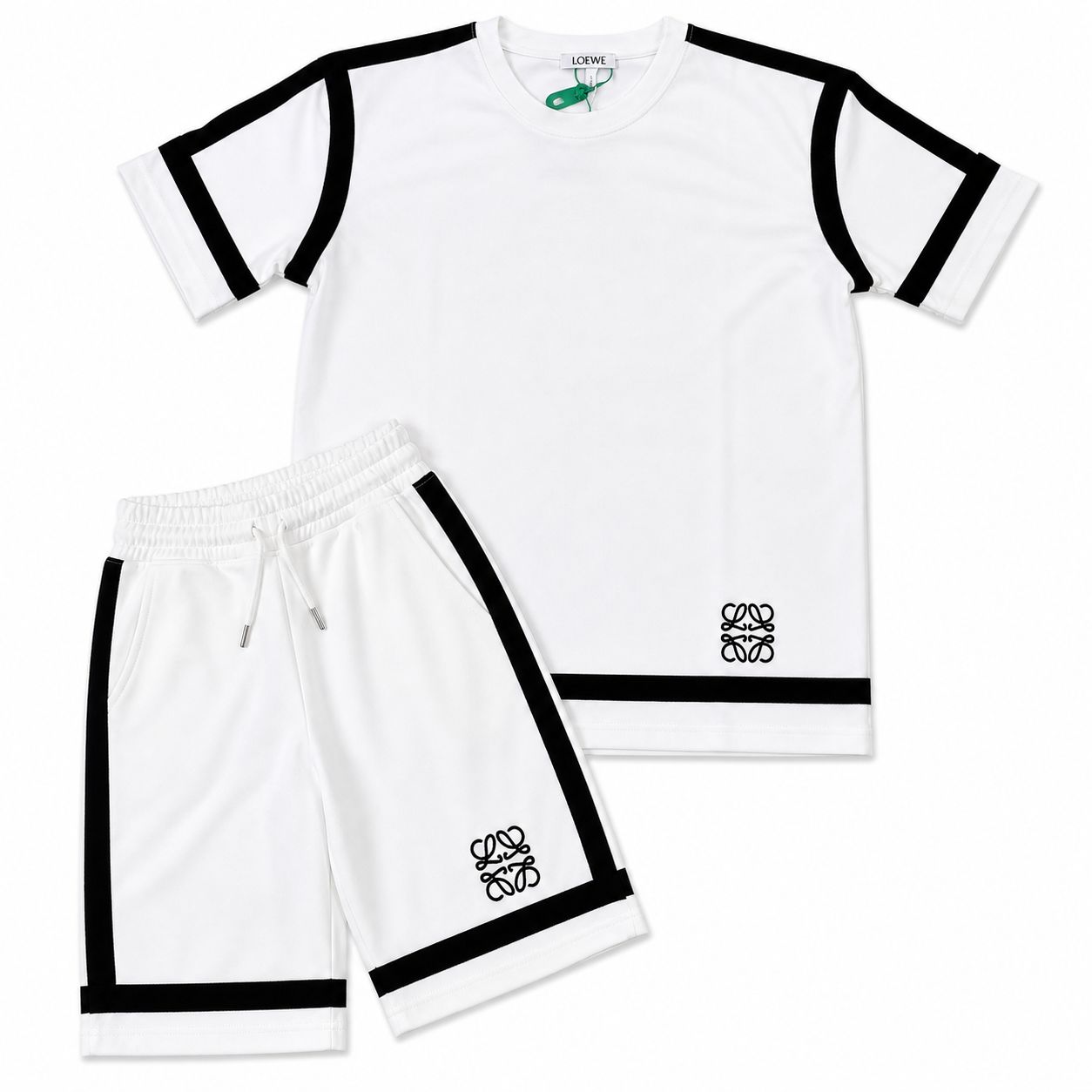 Compleu Streetwear Minimalist Alb – Set Tricou și Pantaloni Scurți cu Benzi Contrastante