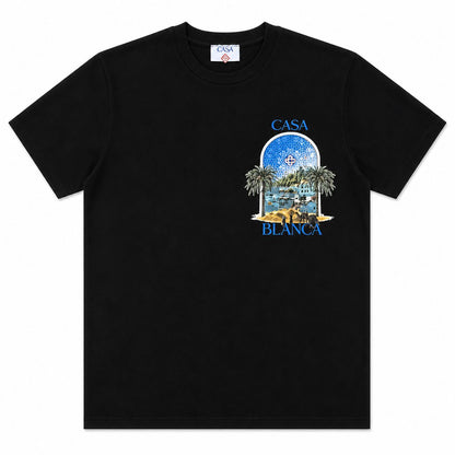 Tricou Negru Premium din Bumbac – Imprimeu Grafic "Oază Tropicală" cu Design Arhitectural