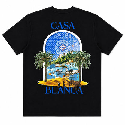 Tricou Negru Premium din Bumbac – Imprimeu Grafic "Oază Tropicală" cu Design Arhitectural