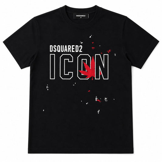 Tricou Streetwear Negru Premium – Imprimeu Grafic "ICON" cu Detalii Tip Stropi și Frunză Roșie