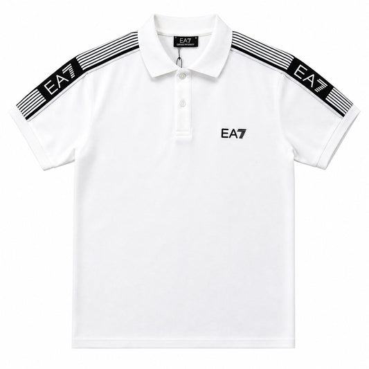 Tricou Polo Alb Premium – Design Athletic cu Benzi Contrastante pe Umeri