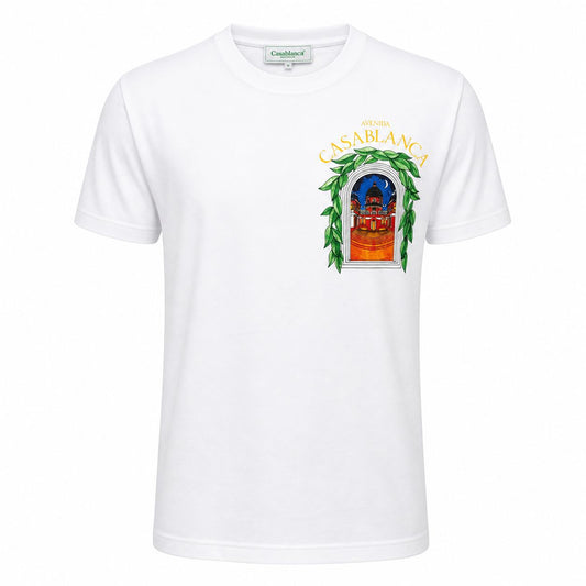 Tricou Alb Premium din Bumbac – Imprimeu Grafic "Avenida" cu Design Mediteraneean